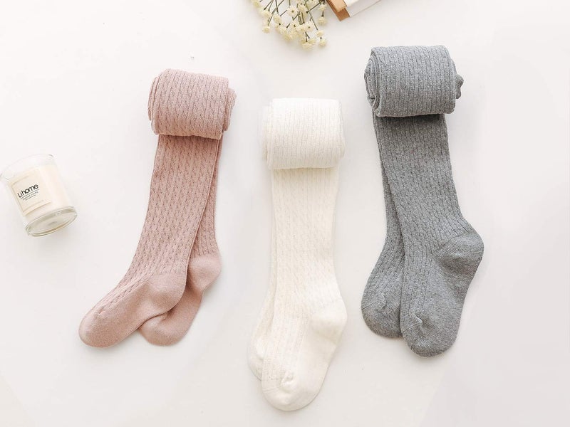 EPEIUS Girl Leggings Thick Cable Knit Kids Girl Warm Cotton Pantyhose Little Girl Stockings Dress Tights School Uniform, White Pink Grey, 6-8 Years - Image 5